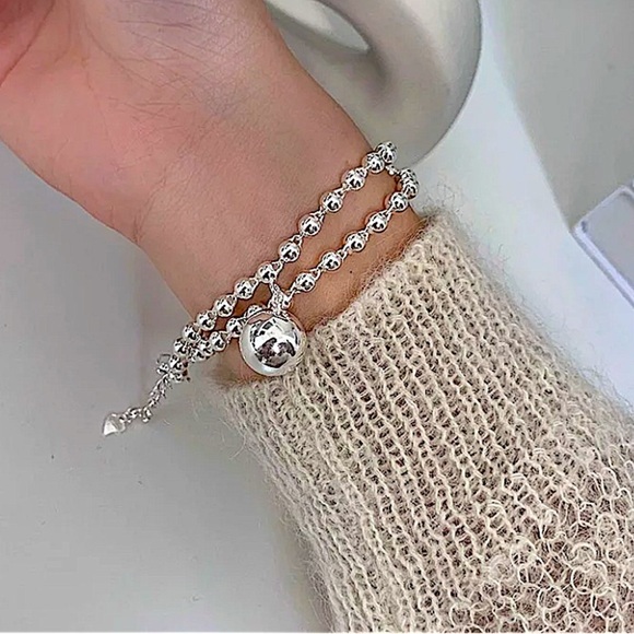 Sterling Silver Beaded Bangle Ball Drop Bracelet - Picture 7 of 7